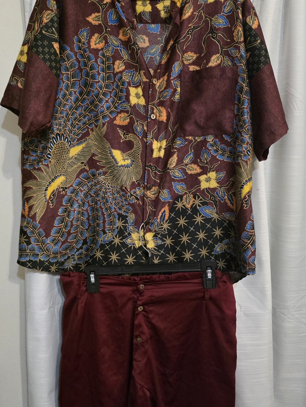 Custom made silk-blend Floral & Crane Button-Up Shirt and Matching Maroon shorts
